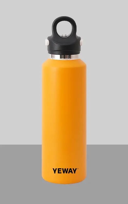 stainless steel water bottle with one hand open
